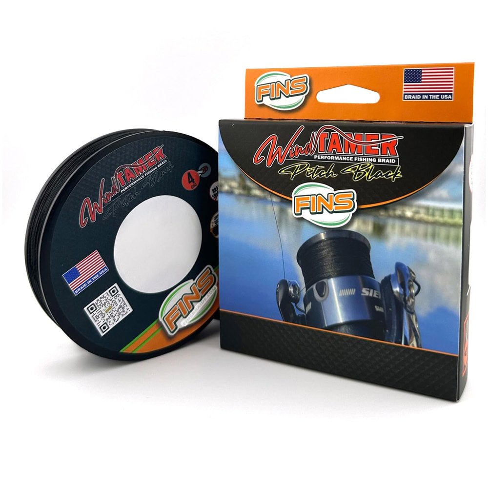 FINS Windtamer Pitch Black Braid Fishing Line - No-Fade, Round 4-End Braided Line for Bass Angling, Resists Wind Knots and Twisting, Non-Bleeding - Black - 65 lb - 300 Yds