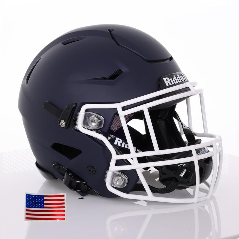 Riddell SpeedFlex Adult w/White SF-2EG-II Facemask + US Flag Decal (Matte Navy Helmet, Small Helmet) - Green Gridiron