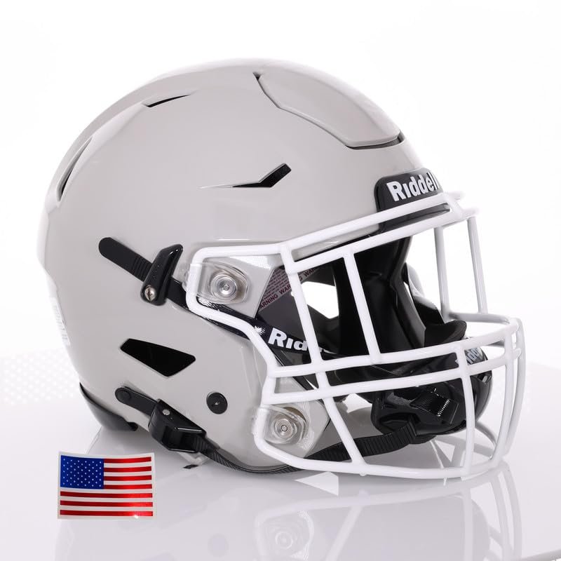 Riddell SpeedFlex Adult w/White SF-2EG-II Facemask + US Flag Decal (Light Grey Helmet, Small Helmet) - Green Gridiron