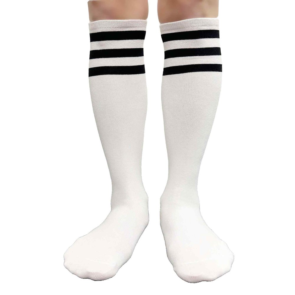 COUVER Women Cotton Tube 3 Stripes Activewear Knee-High Socks, Women Shoe Size 5-9, 1 Pair, White Black