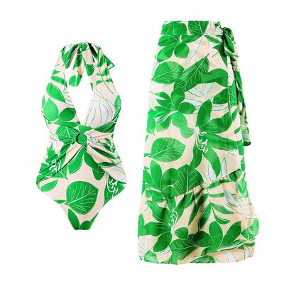 AFAVOM Women's One Piece Swimsuits with Cover up Wrap Skirt Sarong Retro Floral Print Swimsuit Bathing Suit Ruffle V-Neck Monokini Swimwear Coverups Two Piece Bikini Set Beachwear Green Leaves S