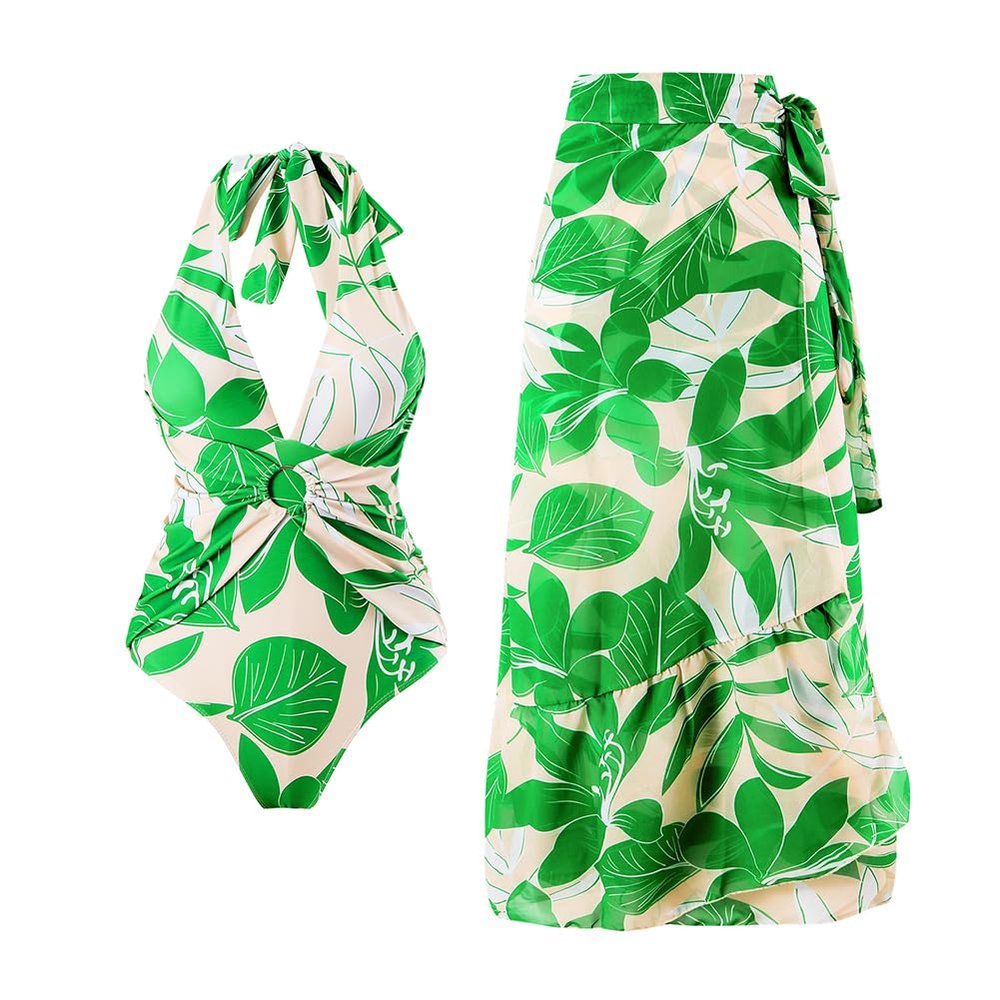 AFAVOM Women's One Piece Swimsuits with Cover up Wrap Skirt Sarong Retro Floral Print Swimsuit Bathing Suit Ruffle V-Neck Monokini Swimwear Coverups Two Piece Bikini Set Beachwear Green Leaves S