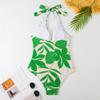AFAVOM Women's One Piece Swimsuits with Cover up Wrap Skirt Sarong Retro Floral Print Swimsuit Bathing Suit Ruffle V-Neck Monokini Swimwear Coverups Two Piece Bikini Set Beachwear Green Leaves S view 3