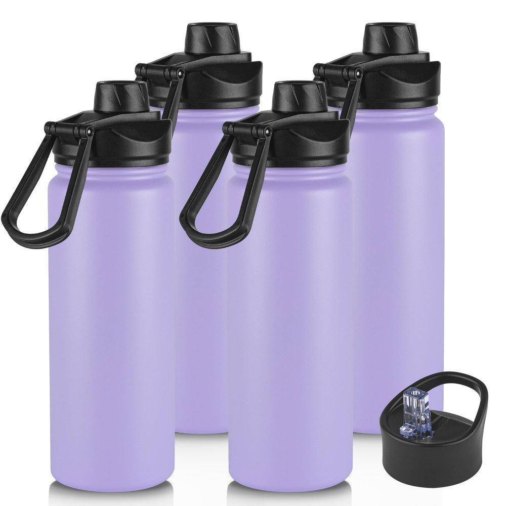24oz Insulated Water Bottle with Straw Lid, Stainless Steel Metal Water Bottle with Straw & Wide Mouth Lid, Double Wall Vacuum Water Bottle for Hiking Camping, Lavender 4 Pack