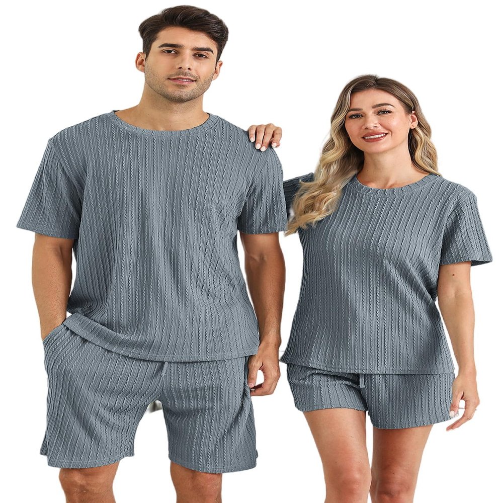 EISHOPEER Men's Ribbed Knit Pajamas 2 Piece Lounge Sets Matching Summe Outfits Sweatsuit Top and Shorts with Pockets Blue Grey XX-Large