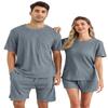 EISHOPEER Men's Ribbed Knit Pajamas 2 Piece Lounge Sets Matching Summe Outfits Sweatsuit Top and Shorts with Pockets Blue Grey XX-Large view 1