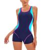 IMEKIS Women One Piece Swimsuit Boyleg Racerback Tummy Control Bathing Suit Sport Color Block Rash Guard Swimwear Suit Blue XX-Large view 1