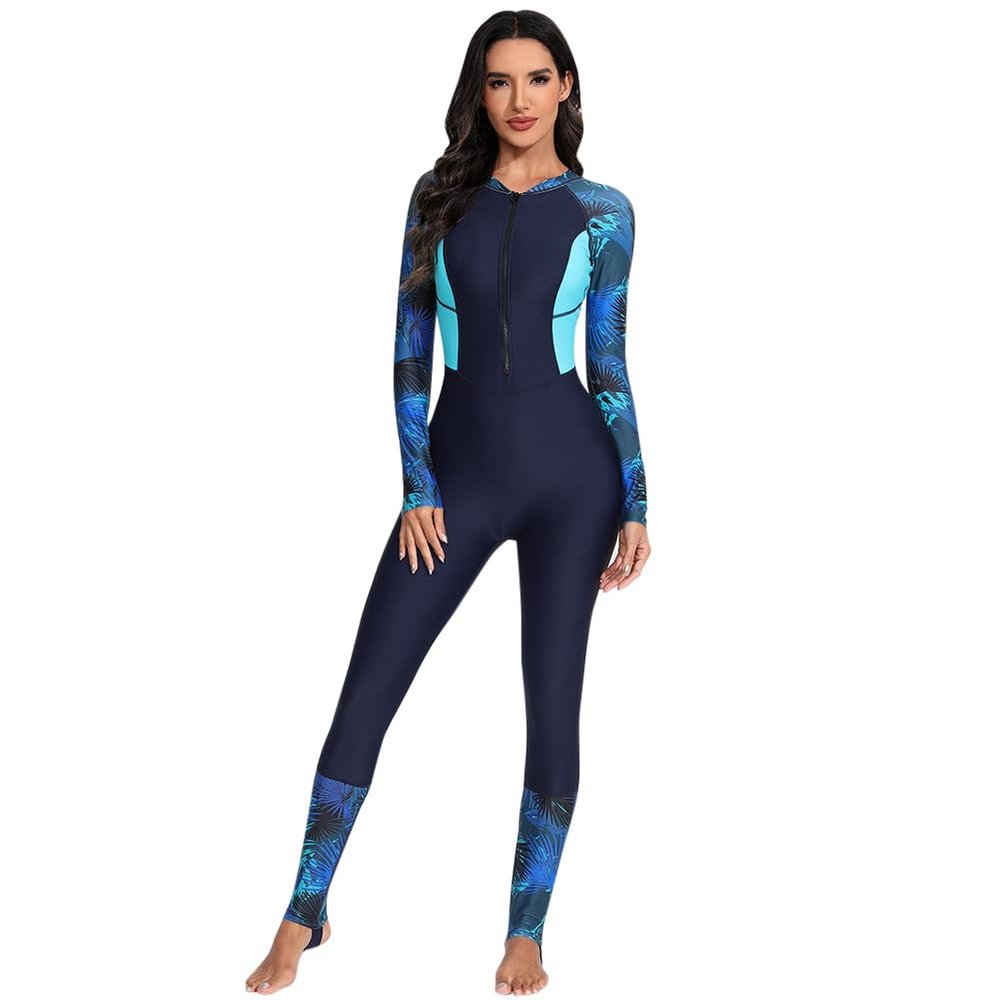 IMEKIS Women One Piece Full Body Rash Guard Swimsuit UV Protection Floral Print Surfing Bathing Beachwear Zipper Swimwear Suit Navy Blue Print Large