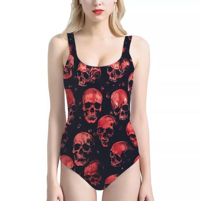 STUOARTE Skull Printed Women One Piece Swimsuit Vintage Round Neck Tank Swimwear Athletic Sport Bathing Suit Retro Beachwear
