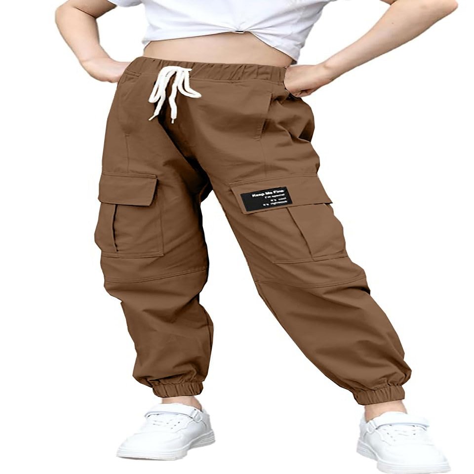 BINPAW Girls Cargo Pants Drawstring Elastic Waist Loose Tapered Jogger Pants with Pockets, Brown, 13-14 Years = Tag 170