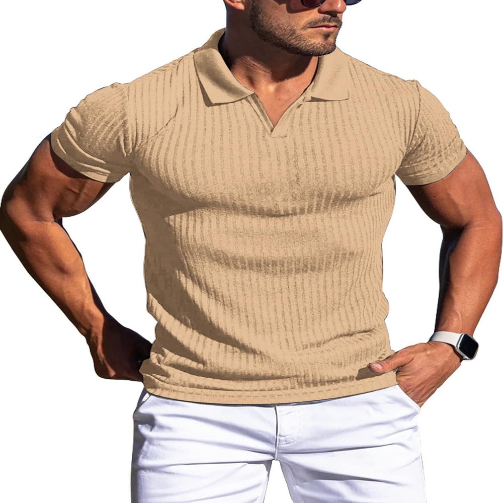Collared Muscle Shirts for Men Ribbed Knit Slim Fit Polo Shirts Short Sleeve, Mens V Neck T Shirts Casual Stylish Khaki