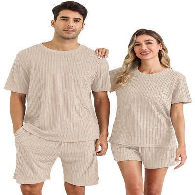 EISHOPEER Mens Ribbed Knit Lounge Set Short Sleeve Top and Shorts Sleepwear Pajama Set Two Piece Matching Outfits Set Beige Small