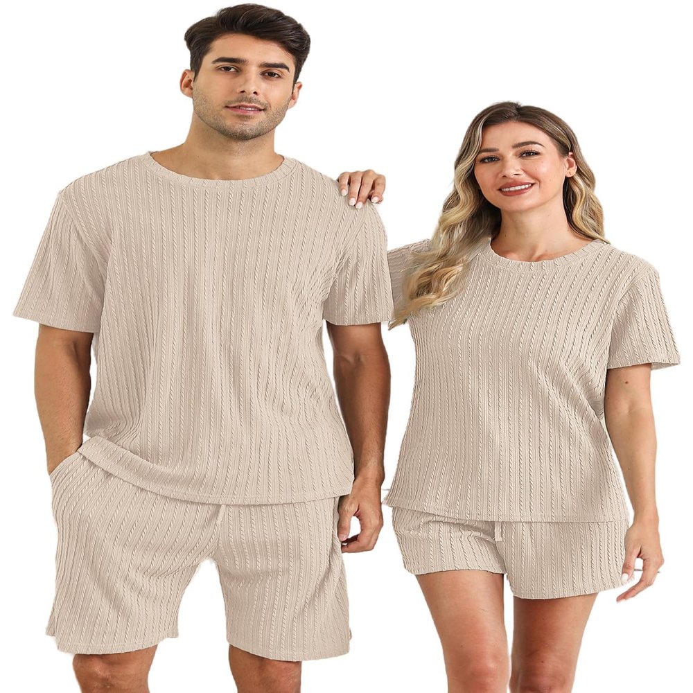EISHOPEER Mens Ribbed Knit Lounge Set Short Sleeve Top and Shorts Sleepwear Pajama Set Two Piece Matching Outfits Set Beige Small