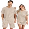 EISHOPEER Mens Ribbed Knit Lounge Set Short Sleeve Top and Shorts Sleepwear Pajama Set Two Piece Matching Outfits Set Beige Small view 1