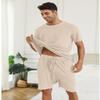 EISHOPEER Mens Ribbed Knit Lounge Set Short Sleeve Top and Shorts Sleepwear Pajama Set Two Piece Matching Outfits Set Beige Small view 3