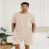 EISHOPEER Mens Ribbed Knit Lounge Set Short Sleeve Top and Shorts Sleepwear Pajama Set Two Piece Matching Outfits Set Beige Small view 4