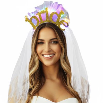 EARENT Light Up Bride to Be Veil Headband Bridal Headpiece Bachelorette Party Decorations for Women (B-Gold)