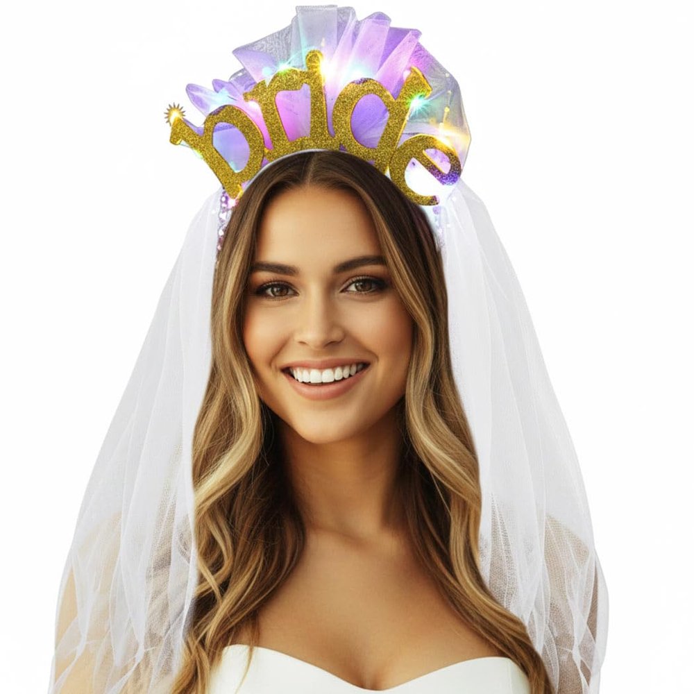 EARENT Light Up Bride to Be Veil Headband Bridal Headpiece Bachelorette Party Decorations for Women (B-Gold)