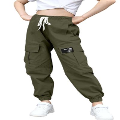 BINPAW Girls Cargo Pants Drawstring Elastic Waist Loose Tapered Jogger Pants with Pockets, Army Green, 9-10 Years = Tag 150