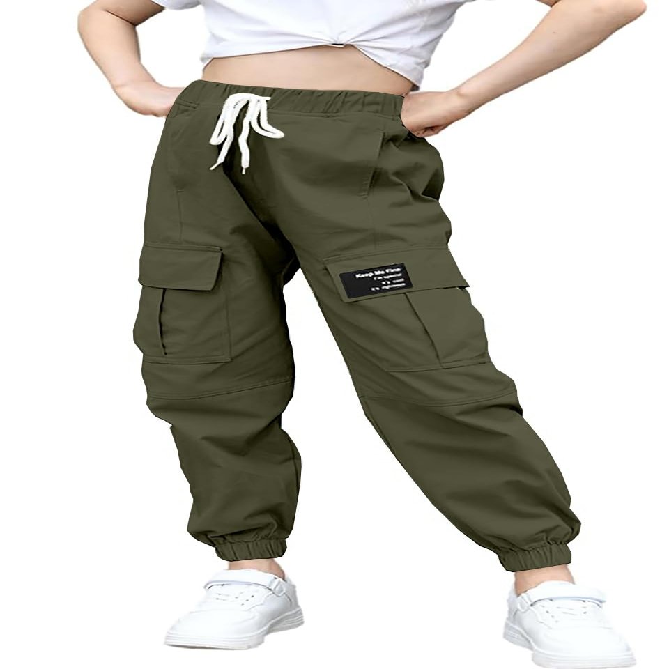 BINPAW Girls Cargo Pants Drawstring Elastic Waist Loose Tapered Jogger Pants with Pockets, Army Green, 9-10 Years = Tag 150