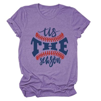 ZLXBLYYMZ Baseball Mom Shirts Womens Tis The Season Game Day T-Shirt Letter Graphic Casual Baseball Lover Tees Crewneck Tops Purple, Large