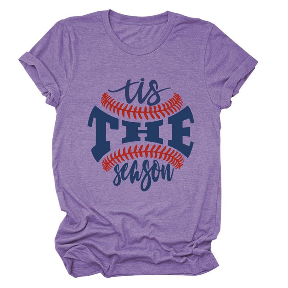 ZLXBLYYMZ Baseball Mom Shirts Womens Tis The Season Game Day T-Shirt Letter Graphic Casual Baseball Lover Tees Crewneck Tops Purple, Large