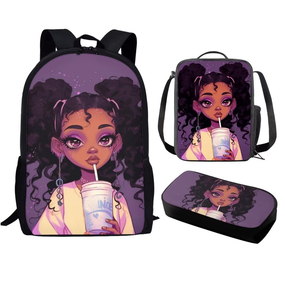 ZUXONGSY African Backpack and Lunch Bag Set for Girls 8-10/10-12 Afro Black Bookbag Lunch Bag Magic Kids School Bag Lunchbag Pencil Box