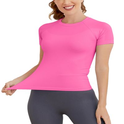 MathCat Short Sleeve Workout Tops for Women, Seamless Women's Compression Shirt, Yoga Running Athletic Shirts Soft Gym Tops Hot Pink