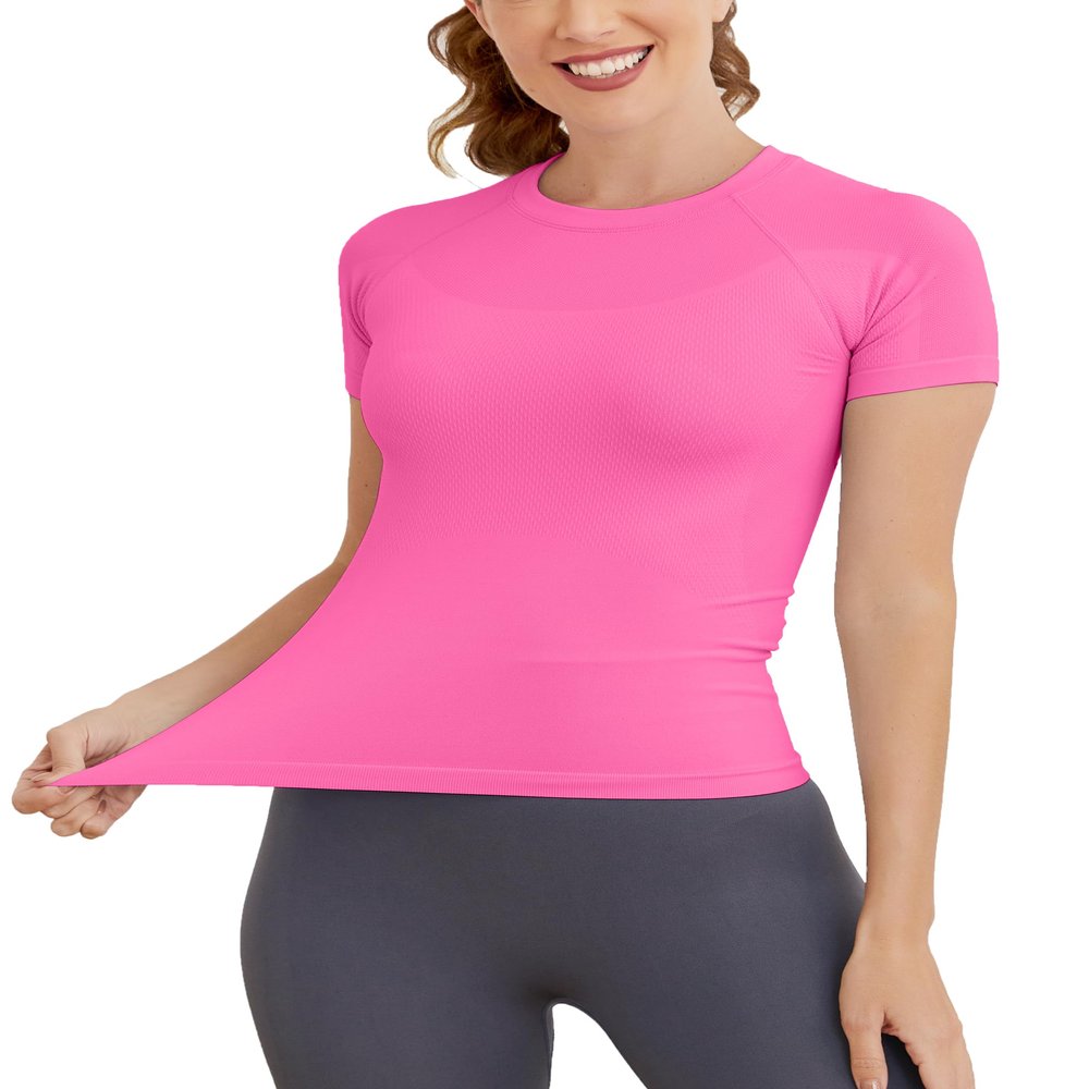 MathCat Short Sleeve Workout Tops for Women, Seamless Women's Compression Shirt, Yoga Running Athletic Shirts Soft Gym Tops Hot Pink