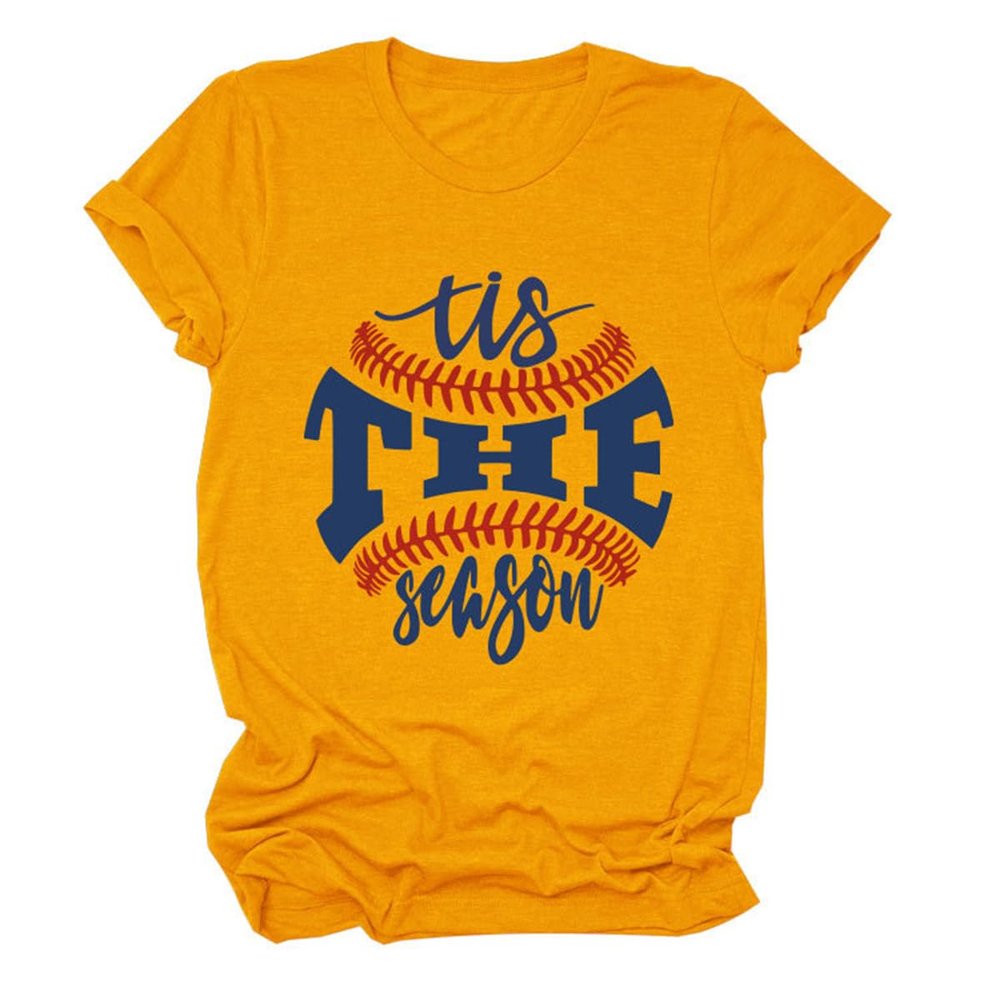 Baseball Mom Shirts Womens Tis The Season Game Day T-Shirt Letter Graphic Casual Baseball Lover Tees Crewneck Tops Yellow