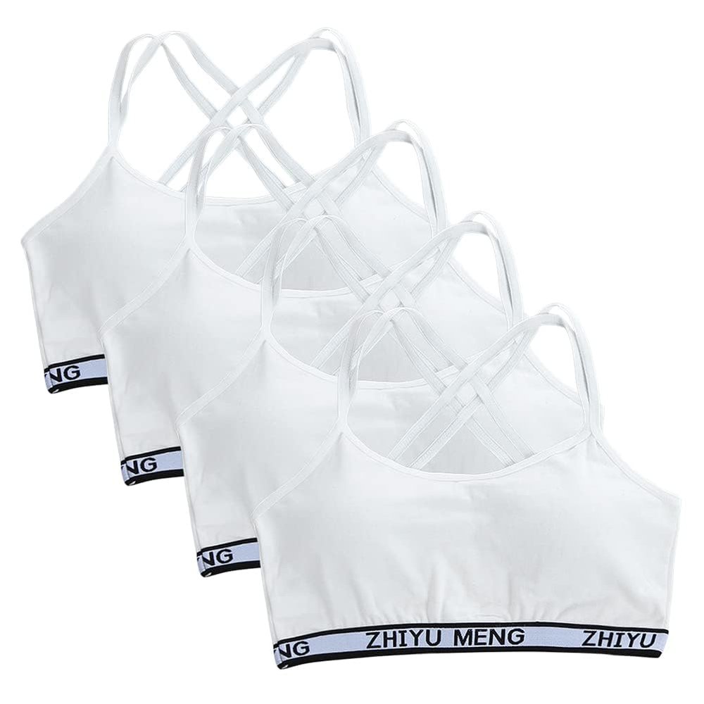 Streamzio Training Bras for Girls 9-14 Years Old, 4 Pack Girls Sports Bra Cotton Spaghetti Strap Girls Bras with Pads (White)