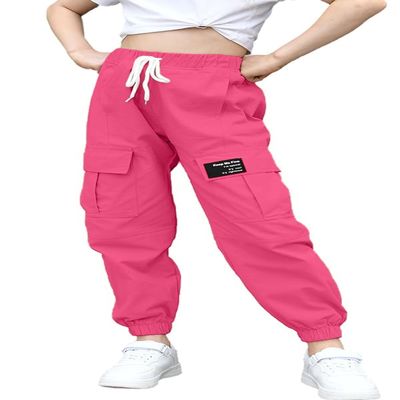 BINPAW Girls Cargo Pants Drawstring Elastic Waist Loose Tapered Jogger Pants with Pockets, Rose Pink, 13-14 Years = Tag 170