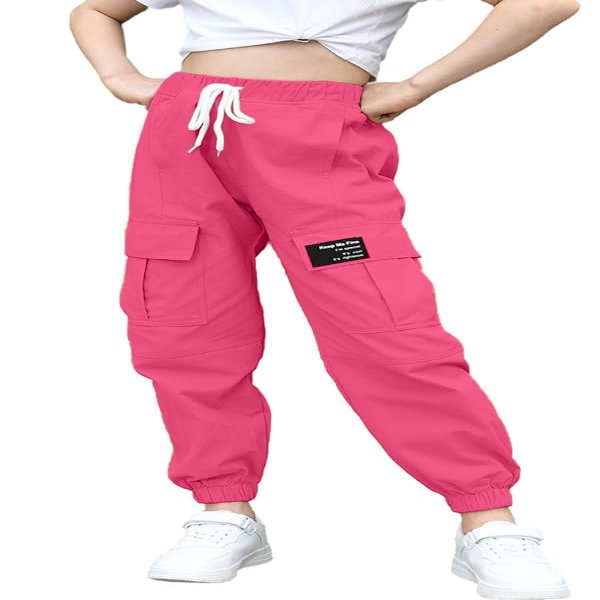 BINPAW Girls Cargo Pants Drawstring Elastic Waist Loose Tapered Jogger Pants with Pockets, Rose Pink, 13-14 Years = Tag 170