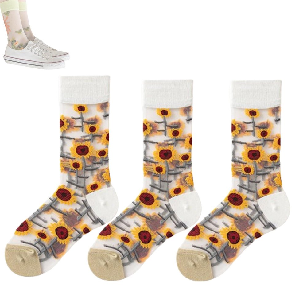 NLIADVY Women Floral Sheer Sock, Summer Transparent Flower Ankle Socks, Mid-Calf Crystal Socks (3pair-G,One Size)