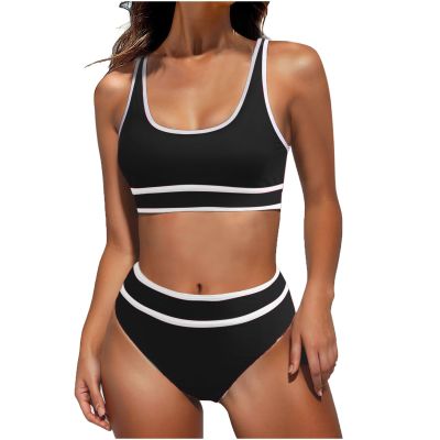 XUNRYAN 2024 Women Two Piece Swimsuits High Waisted Bikini Set Sports Color Block Swimsuit Scoop Neck Cheeky Bathing Suit