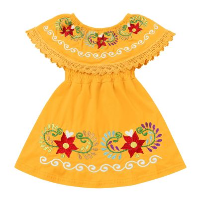 Baby Girls Mexican Dress Sleeveless Off Shoulder Flowers Embroidery Dresses Toddler Traditional Mexico Themed Birthday Party Clothe Cinco De Mayo Outfit Hawaii Holiday Casual Sundress Yellow 3-4T
