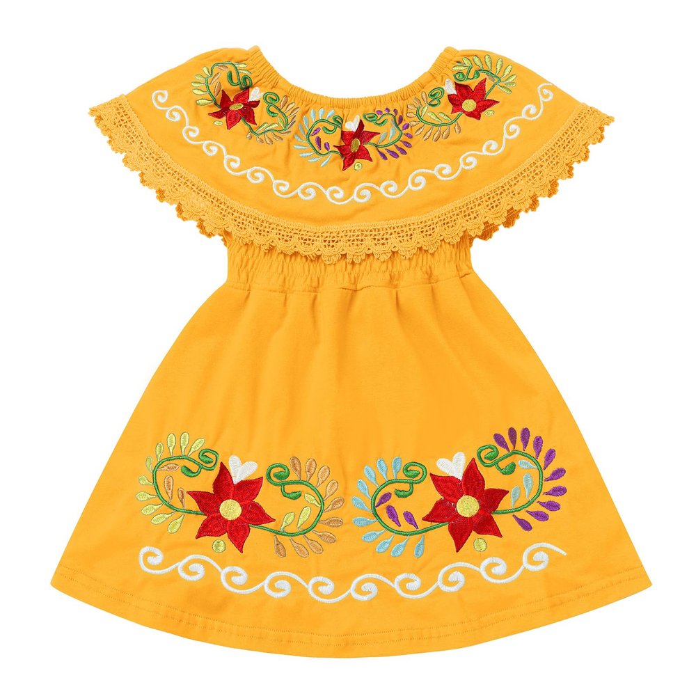 Baby Girls Mexican Dress Sleeveless Off Shoulder Flowers Embroidery Dresses Toddler Traditional Mexico Themed Birthday Party Clothe Cinco De Mayo Outfit Hawaii Holiday Casual Sundress Yellow 3-4T