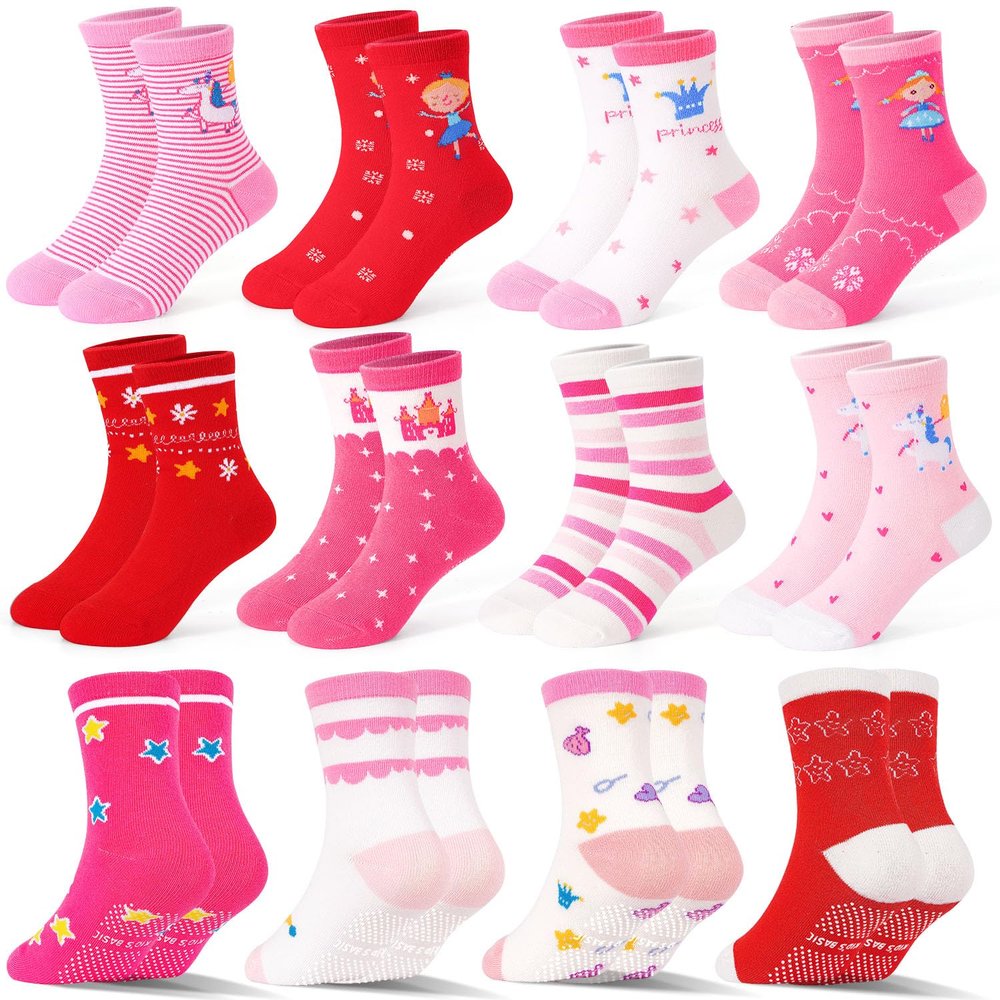 ELUTONG 12 Pairs Toddler Girls Grip Socks Baby Cartoon Non Skid Crew Socks For 0-1/1-3/3-5/5-7Years Babies Infants Toddlers Kids Gifts
