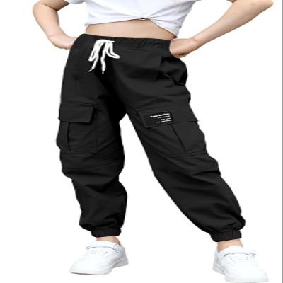 BINPAW Girls Cargo Pants Drawstring Elastic Waist Loose Tapered Jogger Pants with Pockets, Black, 9-10 Years = Tag 150