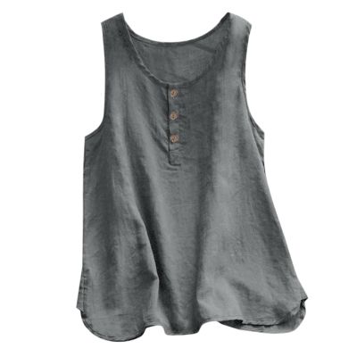 FQFGGYD Women's Round Neck Button Sleeveless Loose Casual Vest Cotton Linen T Shirts Summer Casual Flowy Blouses Tank Tops Gray