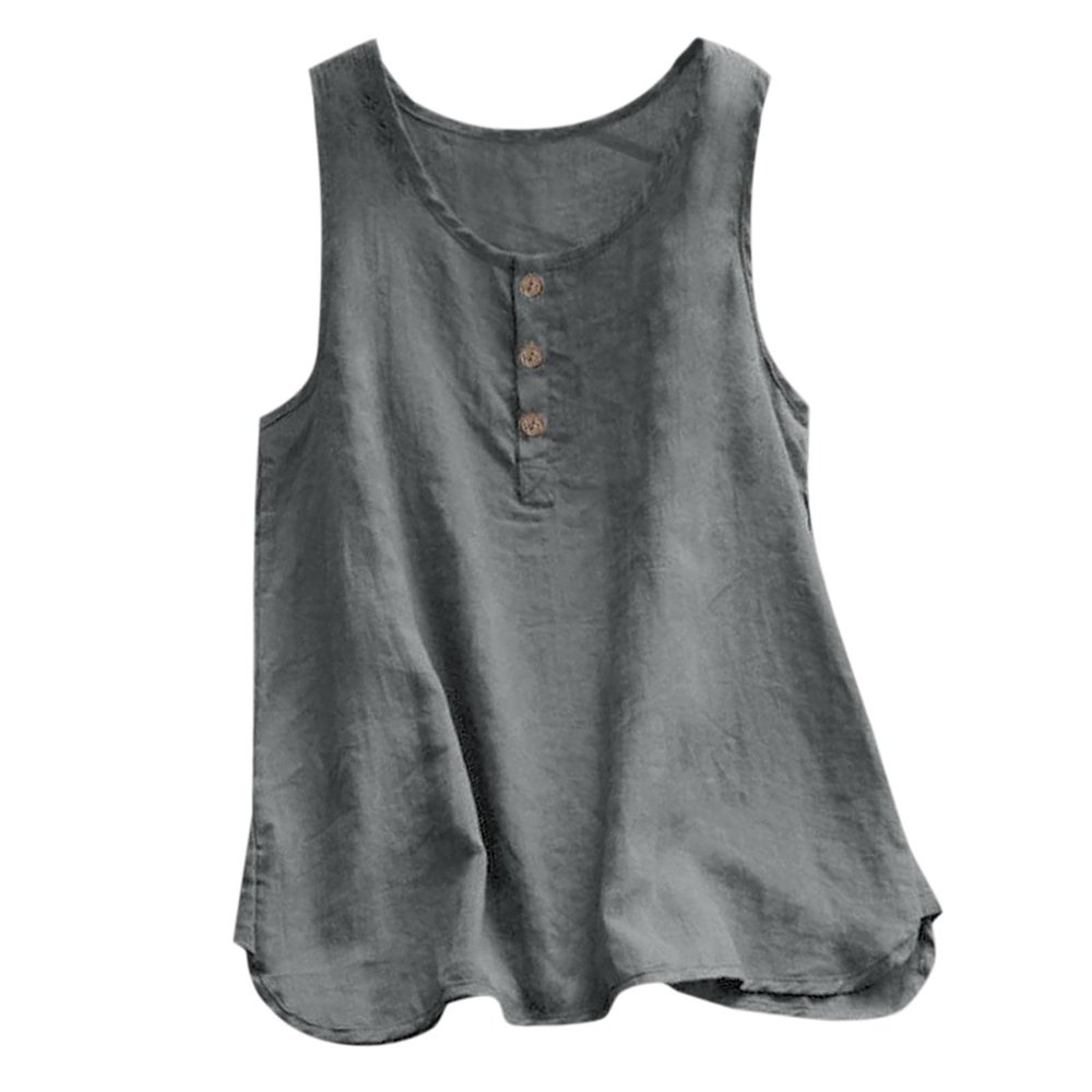 FQFGGYD Women's Round Neck Button Sleeveless Loose Casual Vest Cotton Linen T Shirts Summer Casual Flowy Blouses Tank Tops Gray