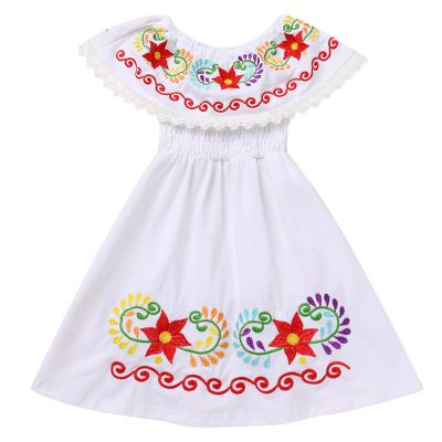 Baby Girls Mexican Dress Sleeveless Off Shoulder Flowers Embroidery Dresses Toddler Traditional Mexico Themed Birthday Party Clothe Cinco De Mayo Outfit Hawaii Holiday Casual Sundress White 3-4T