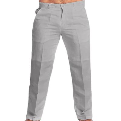 JEsilunmaMY Men's Flat-Front Comfort Casual Pants Relaxed Fit Straight Linen Pants Solid Color Work Pants Loose Trousers (Light Grey,X-Large)