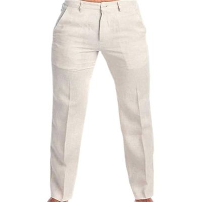 JEsilunmaMY Men's Flat-Front Comfort Casual Pants Relaxed Fit Straight Linen Pants Solid Color Work Pants Loose Trousers (Beige,3X-Large)