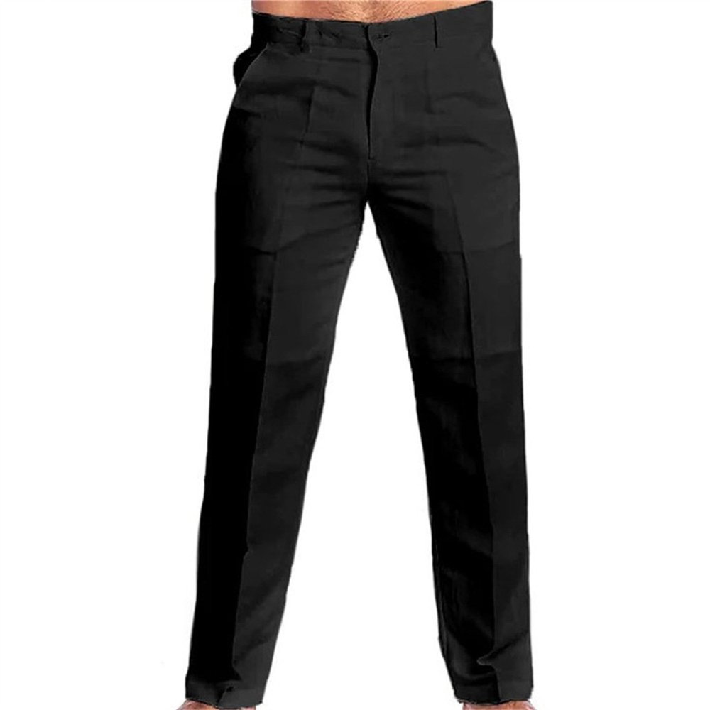 JEsilunmaMY Men's Flat-Front Comfort Casual Pants Relaxed Fit Straight Linen Pants Solid Color Work Pants Loose Trousers (Black,Medium)