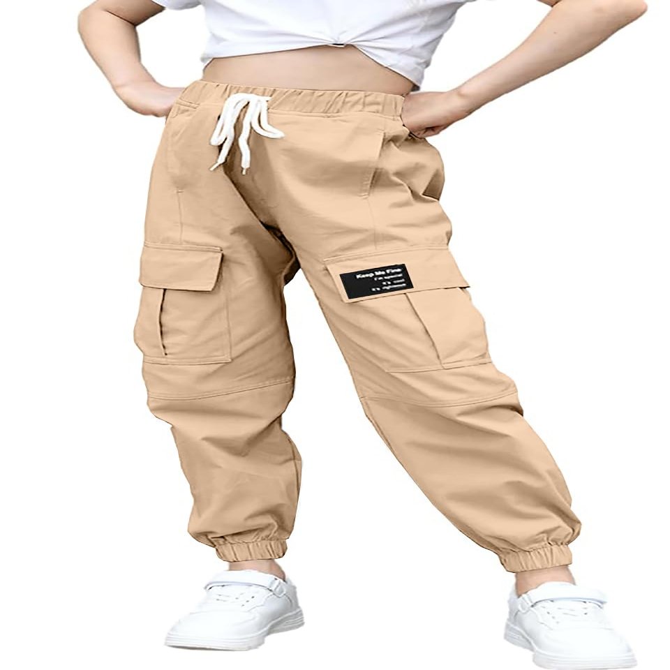 BINPAW Girls Cargo Pants Drawstring Elastic Waist Loose Tapered Jogger Pants with Pockets, Khaki, 14-16 Years = Tag 180
