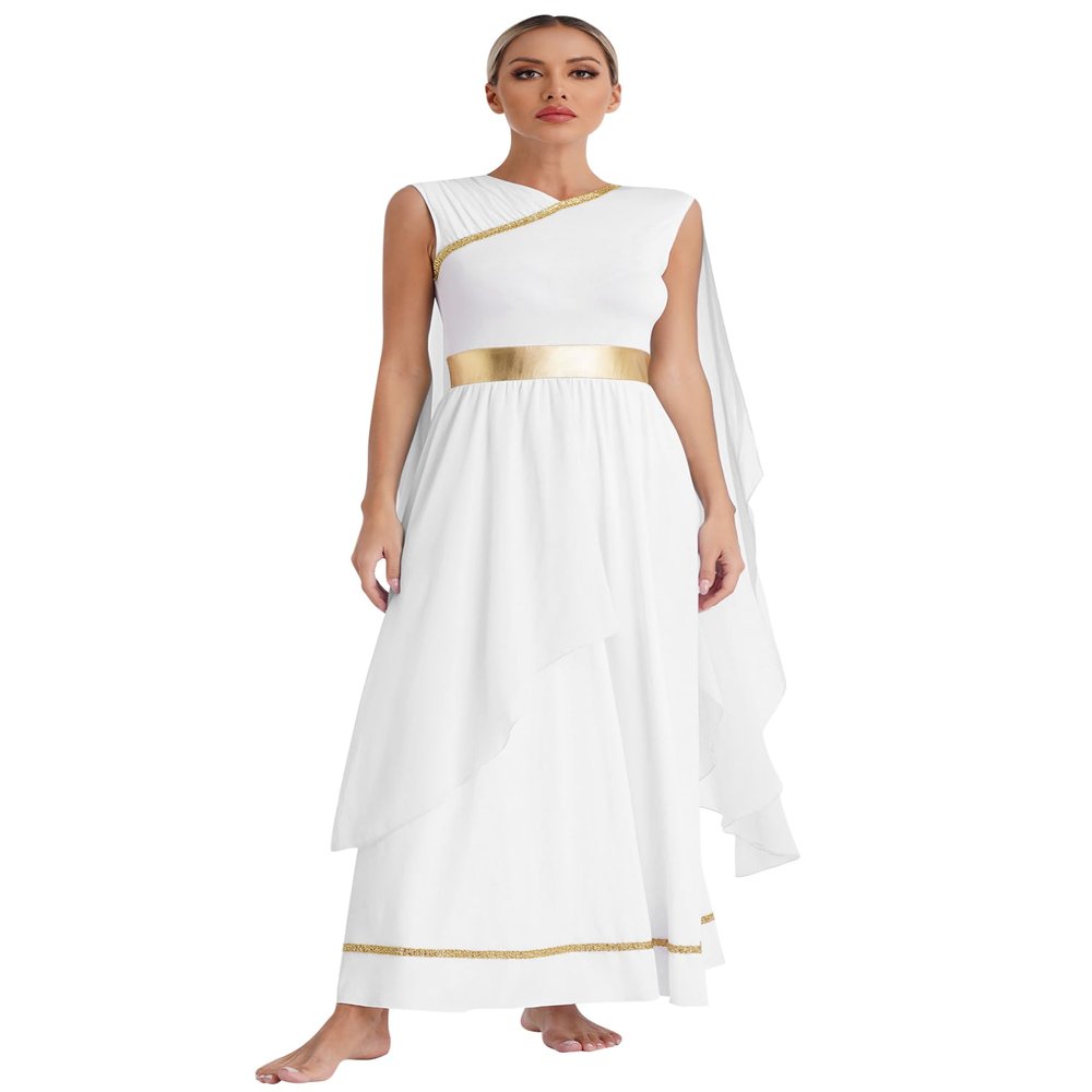 easyforever Women's Greek Costume Metallic Gold Trim Robes Dress Roman Empress Toga Dress Up White 3X-Large