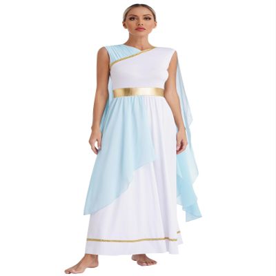 easyforever Women's Greek Costume Metallic Gold Trim Robes Dress Roman Empress Toga Dress Up Light Blue X-Large