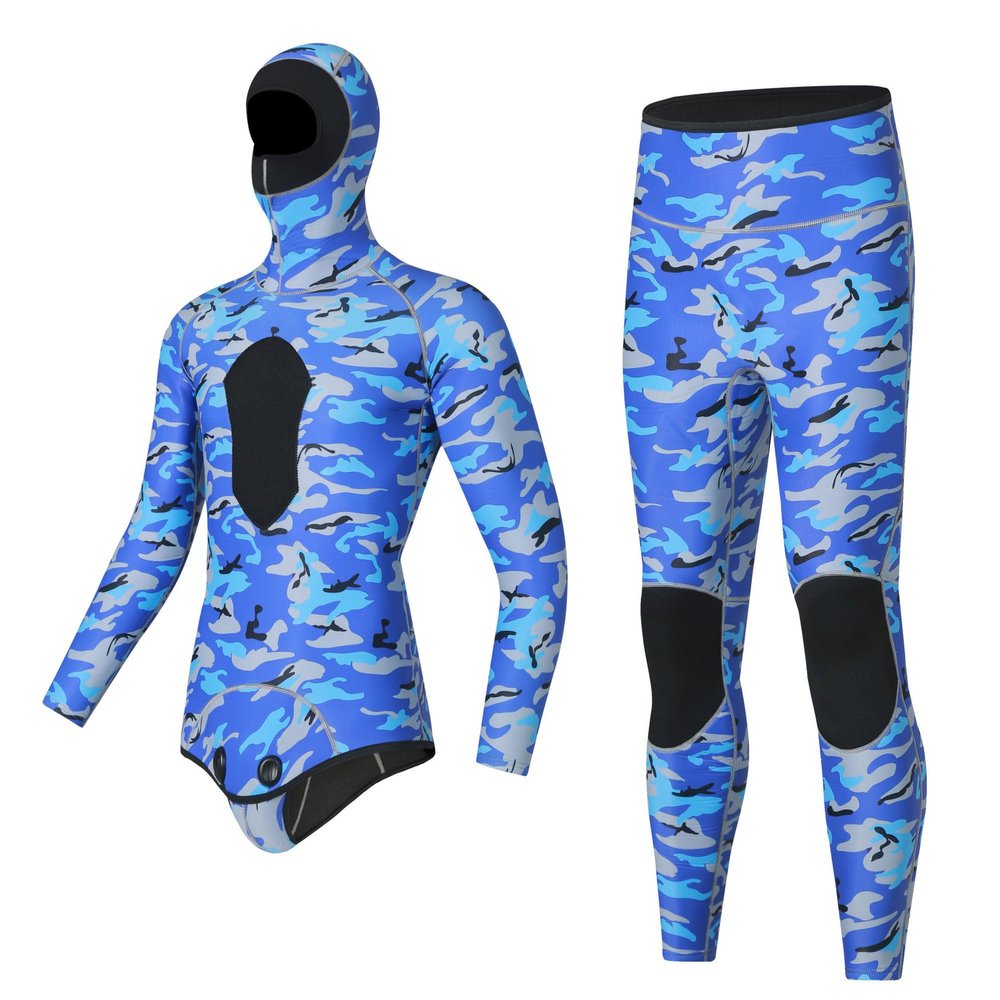 Dressnu Snorkeling Swimming Long Sleeve Split Wetsuit 3mm Coldproof Warm Stretch Surfing Suit Blue Camouflage M