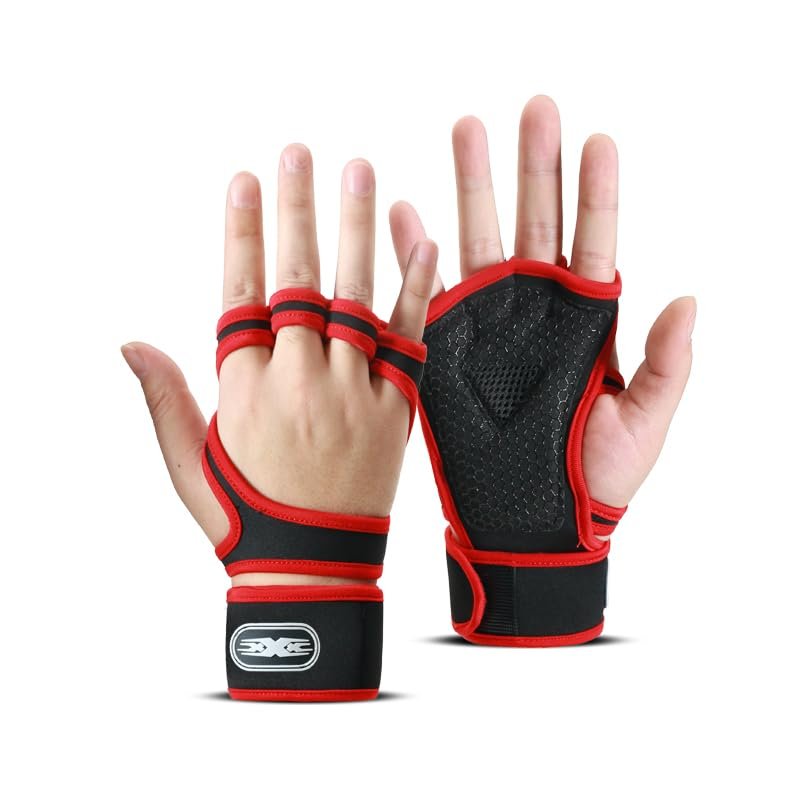 ANJMEICH Fitness Gloves Wrist Wraps Half Finger Men Women Sports Equipment Training Bench Shock Absorption Barbell Breathable Anti-Slip Anti Cocoon (Red)